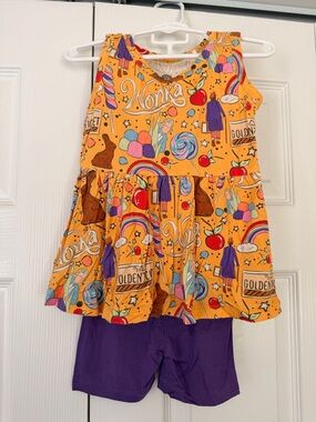 Bamboo Bliss 3T Wonka Yellow Candy Print Dress & Purple Shorts